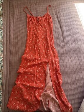 Red Floral Slip Dress with Side Slit